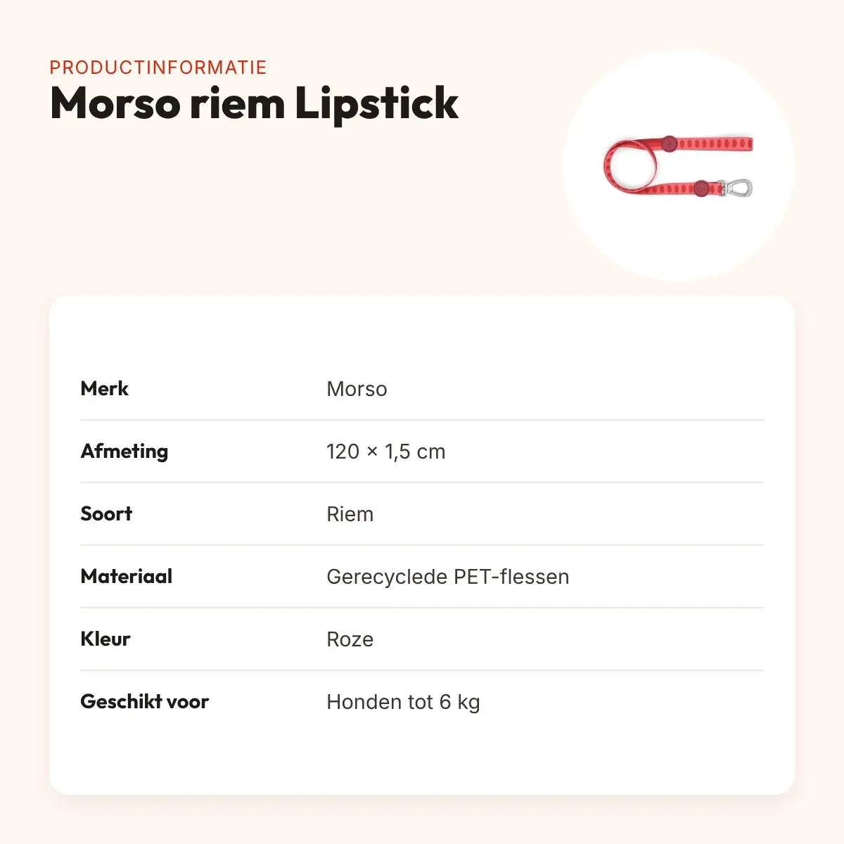 Morso hondenriem Lipstick roze 120 x 1,5 cm – gerecycled, tot 6 kg – productinformatie
