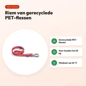 Morso hondenriem Pink Think roze 120 x 1,5 cm – gerecycled, tot 20 kg – voordelen