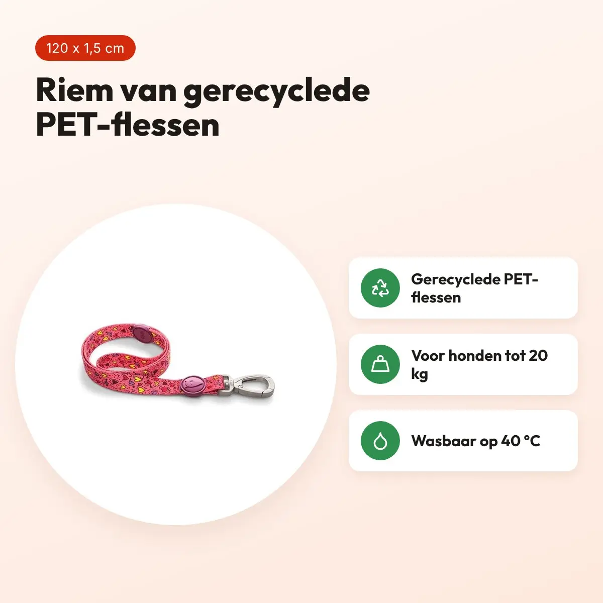Morso hondenriem Pink Think roze 120 x 1,5 cm – gerecycled, tot 20 kg – voordelen