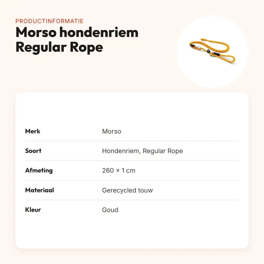 Morso hondenriem retrieverlijn hands free Regular Rope goud 260 x 1 cm – productinformatie
