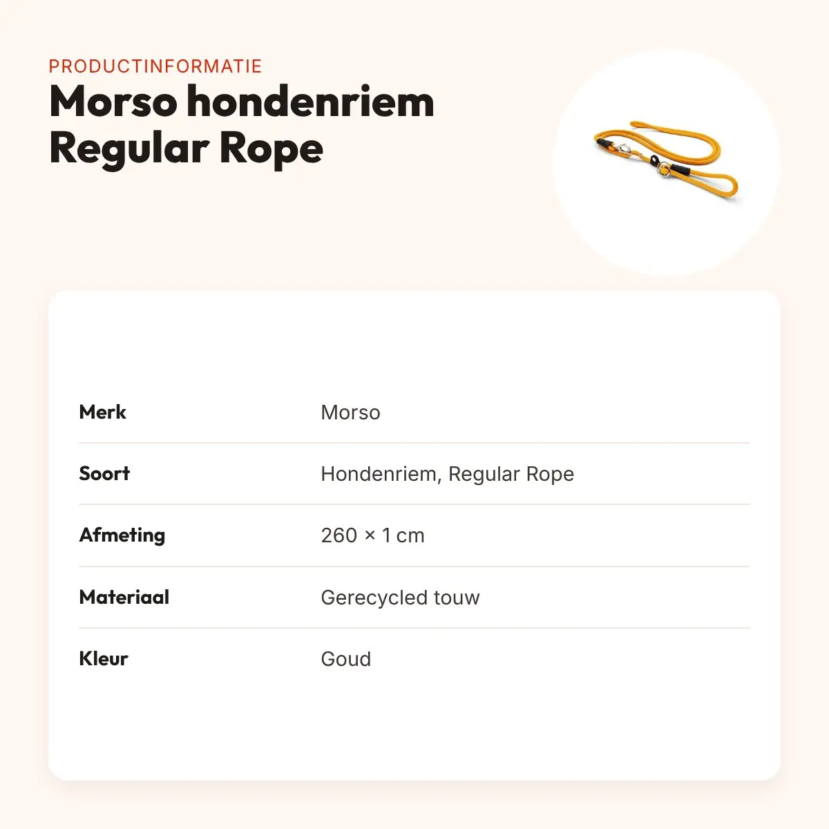 Morso hondenriem retrieverlijn hands free Regular Rope goud 260 x 1 cm – productinformatie