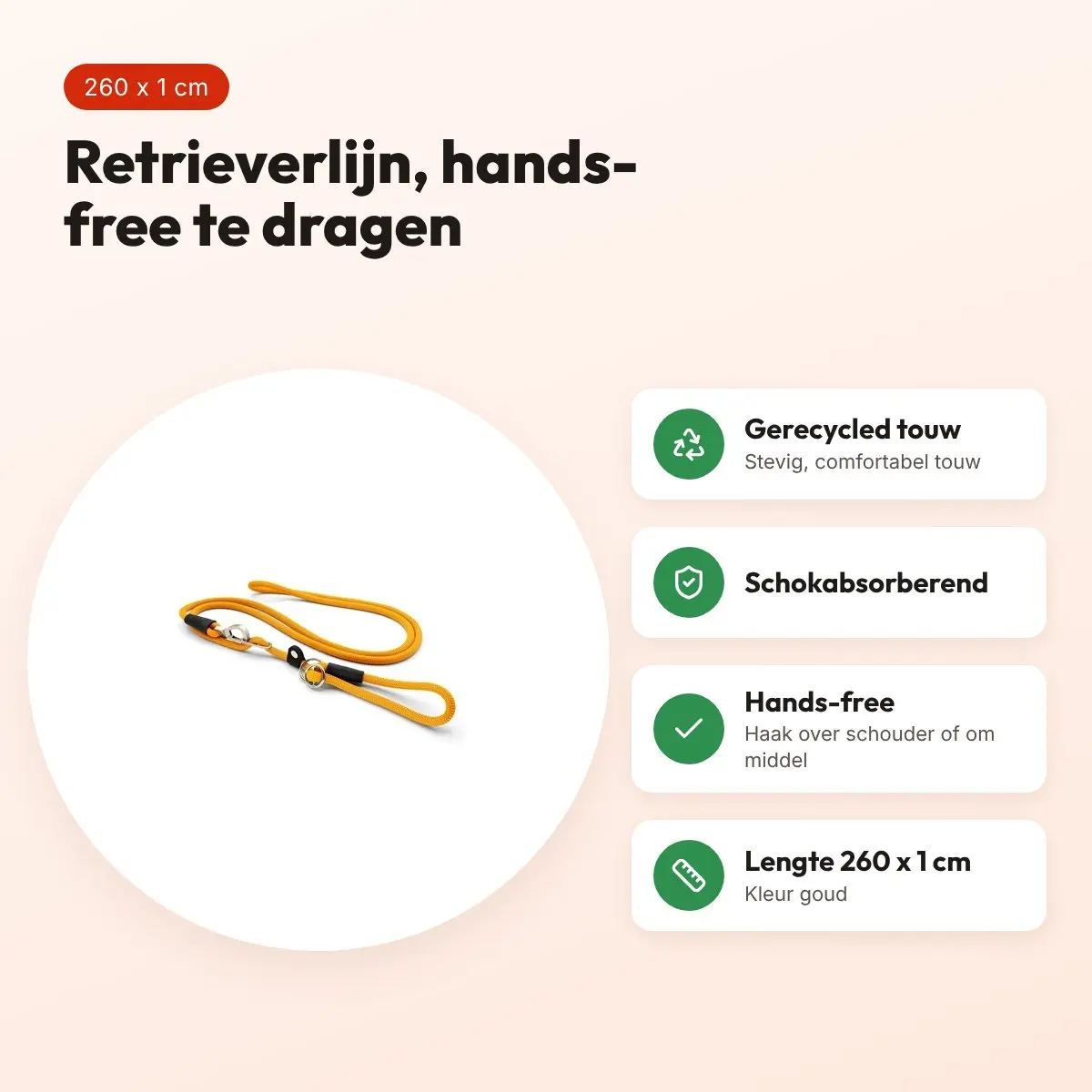 Morso hondenriem retrieverlijn hands free Regular Rope goud 260 x 1 cm – voordelen