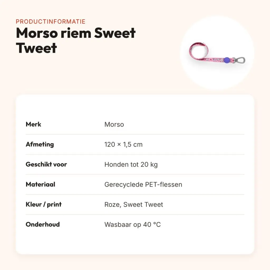 Morso hondenriem Sweet Tweet roze 120 x 1,5 cm – gerecycled, tot 20 kg – productinformatie