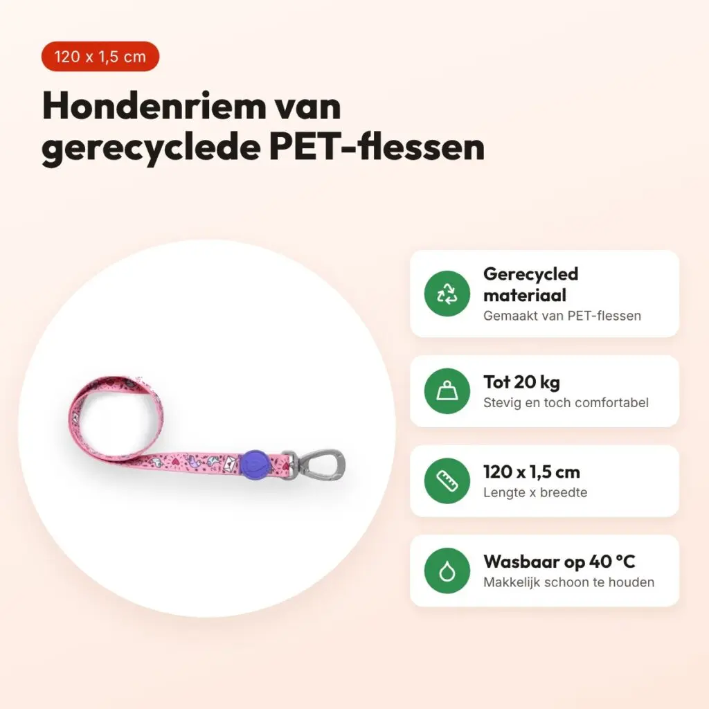 Morso hondenriem Sweet Tweet roze 120 x 1,5 cm – gerecycled, tot 20 kg – voordelen