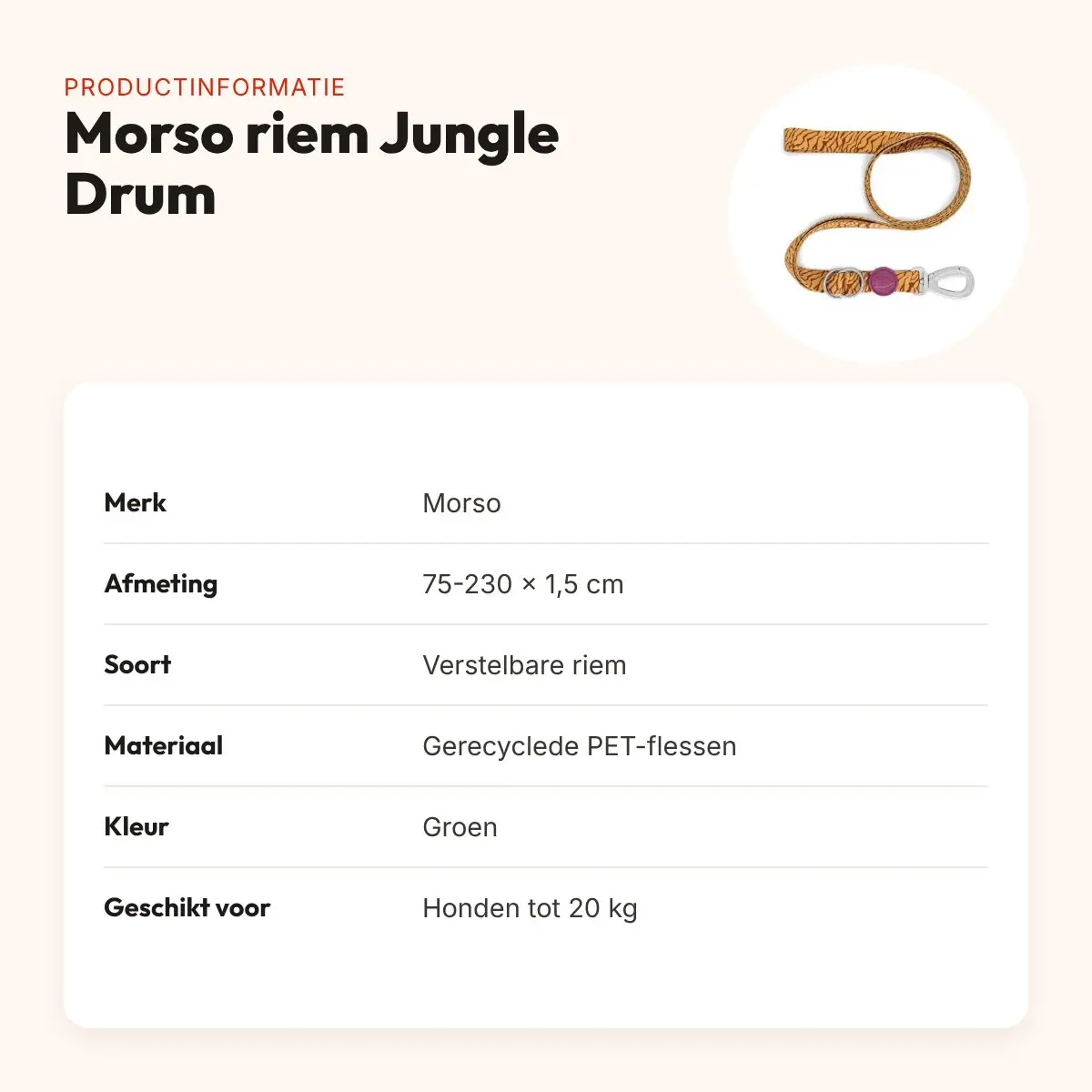 Morso hondenriem verstelbaar Jungle Drum groen 75-230 x 1,5 cm – tot 20 kg – productinformatie
