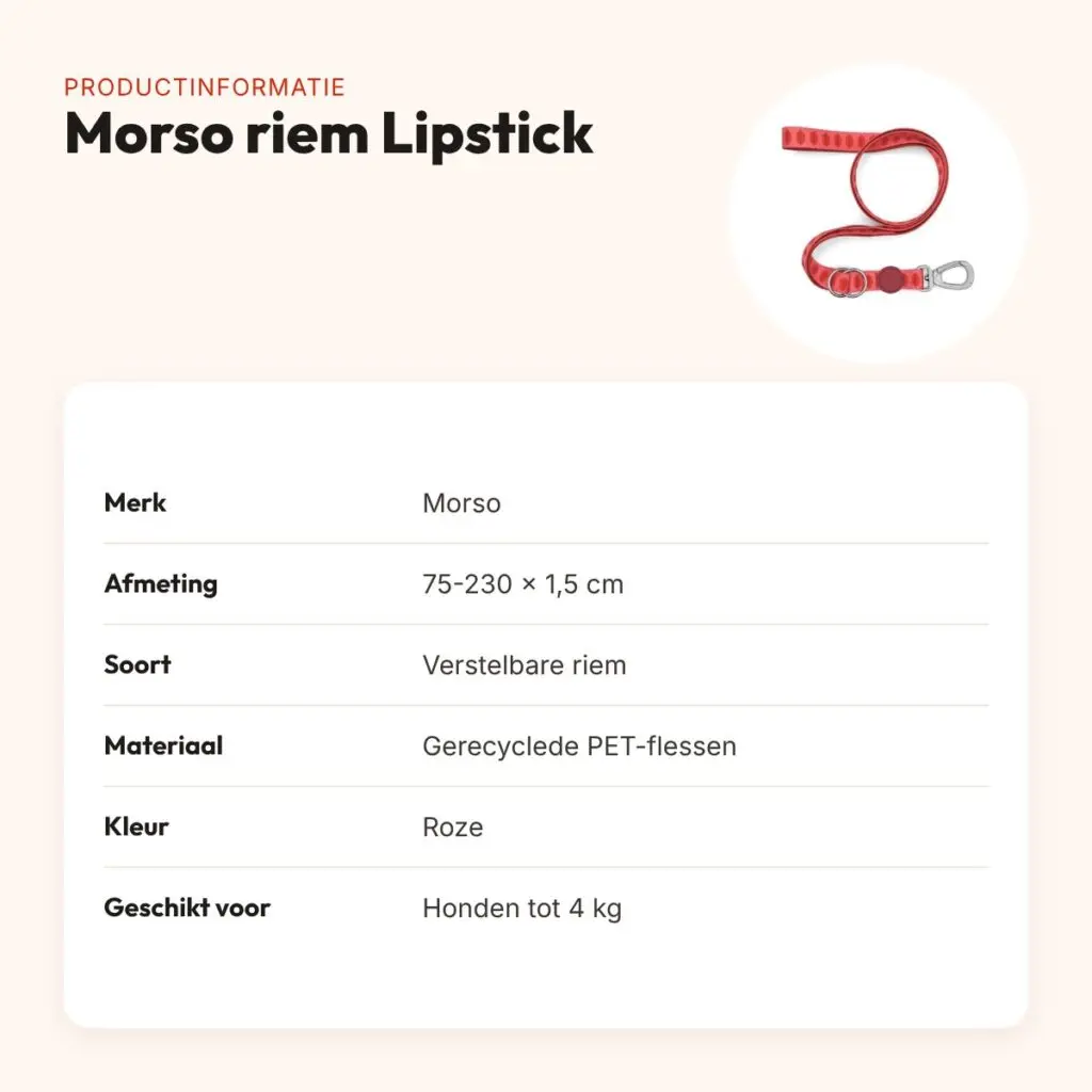 Morso hondenriem verstelbaar Lipstick roze 75-230 x 1,5 cm – tot 4 kg – productinformatie
