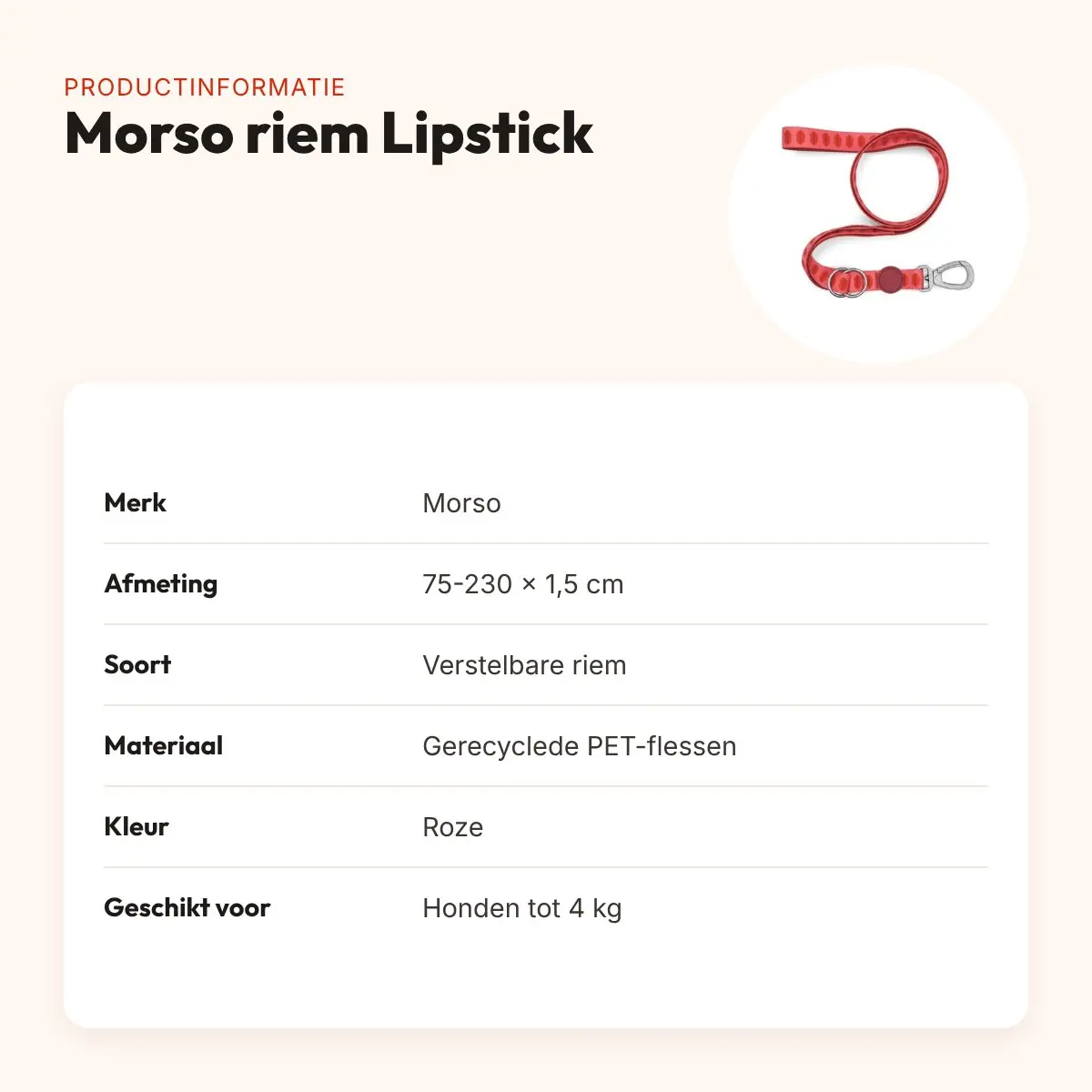 Morso hondenriem verstelbaar Lipstick roze 75-230 x 1,5 cm – tot 4 kg – productinformatie