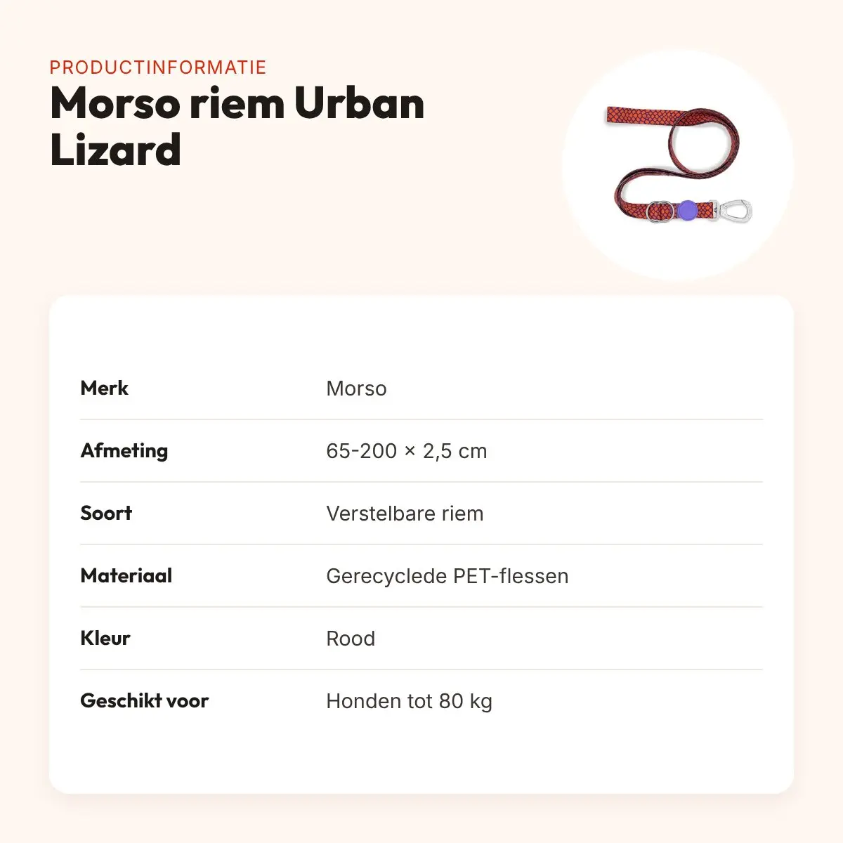 Morso hondenriem verstelbaar Urban Lizard rood 65-200 x 2,5 cm – tot 80 kg – productinformatie