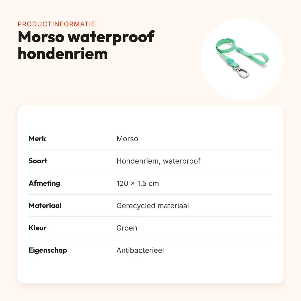 Morso hondenriem waterproof gerecycled groen 120 x 1,5 cm – productinformatie
