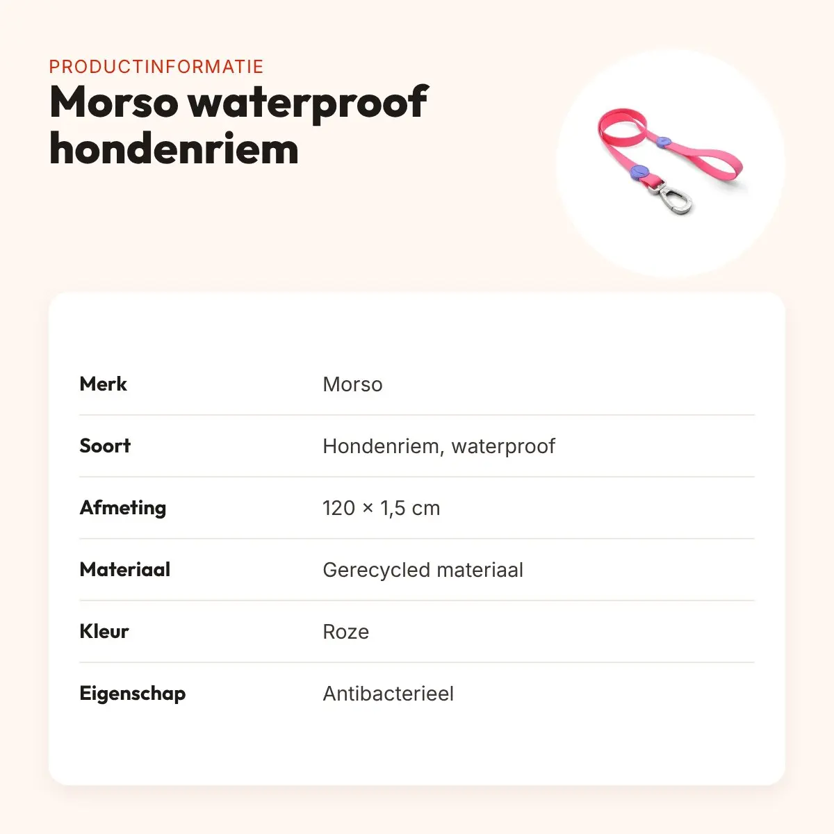 Morso hondenriem waterproof gerecycled roze 120 x 1,5 cm – productinformatie