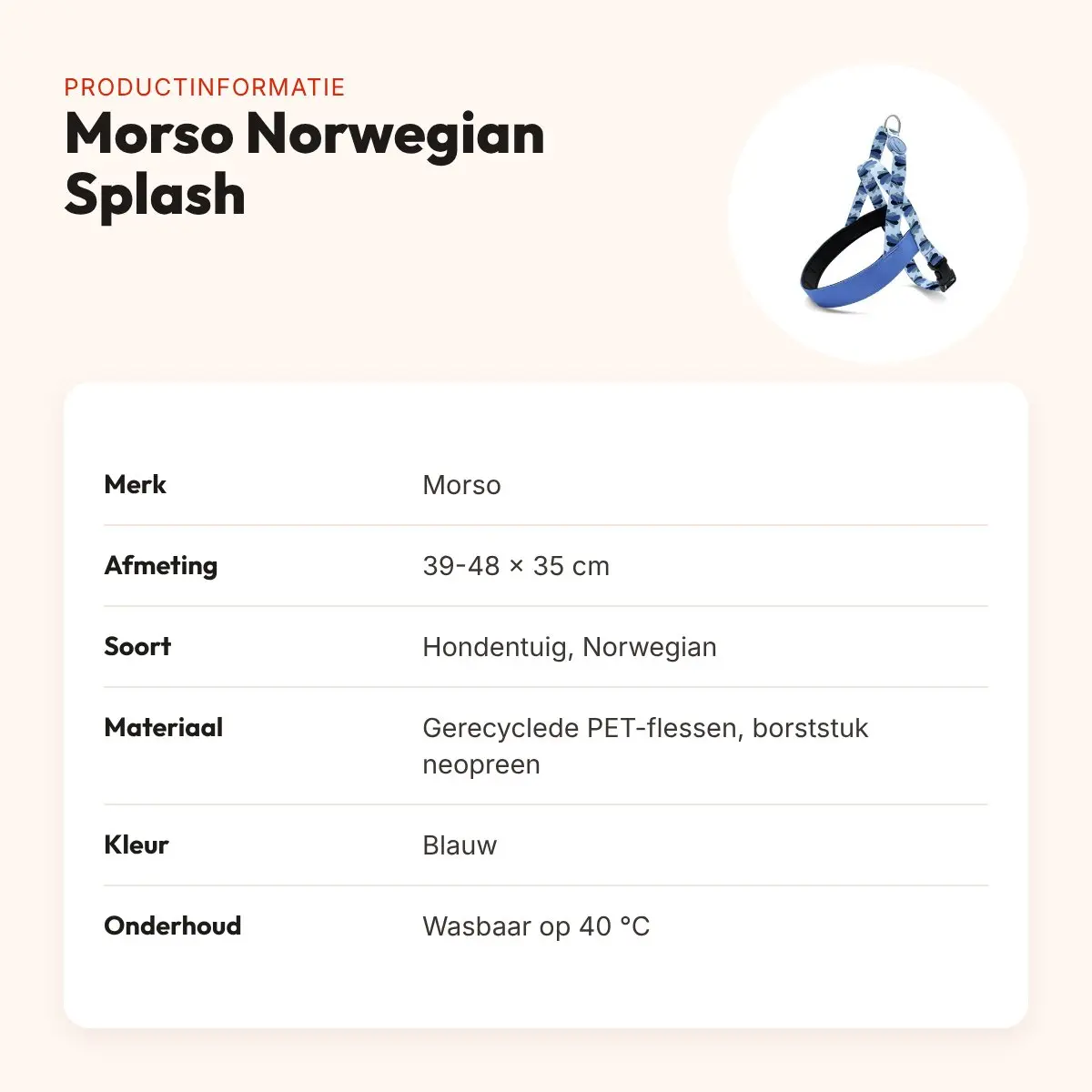 Morso hondentuig Norwegian Splash blauw 39-48 x 35 cm – gerecycled – productinformatie