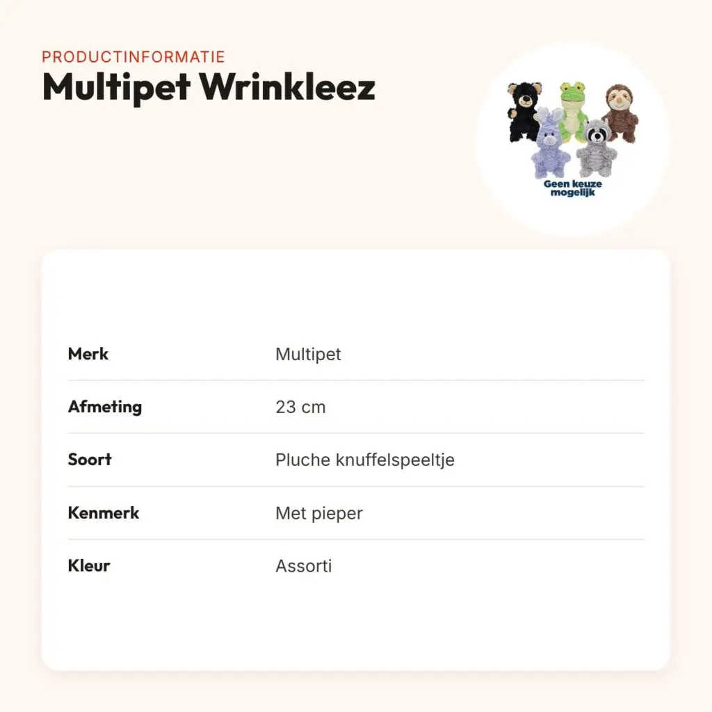 Multipet Wrinkleez knuffelspeeltje 23 cm – pluche met pieper, assorti – productinformatie