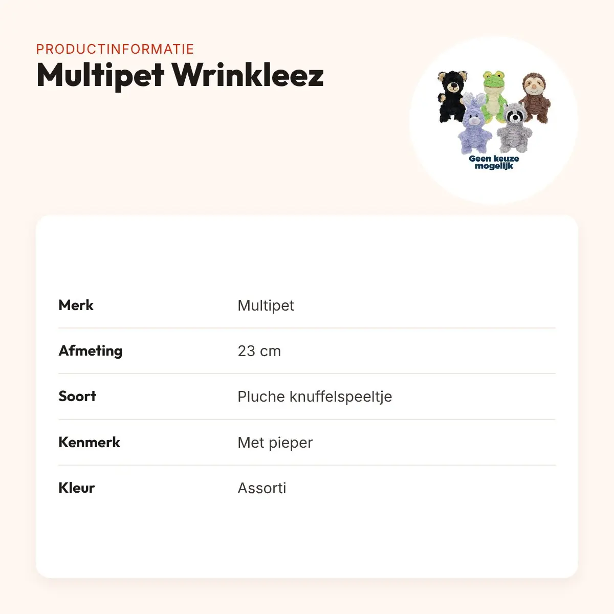 Multipet Wrinkleez knuffelspeeltje 23 cm – pluche met pieper, assorti – productinformatie