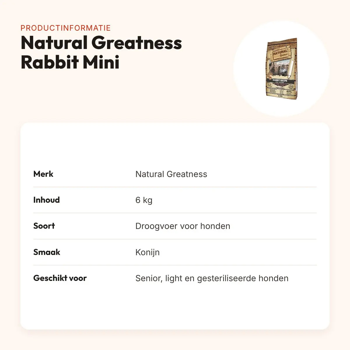 Natural Greatness hondenvoer Rabbit Senior/Light Mini 6 kg – monoproteïne – productinformatie