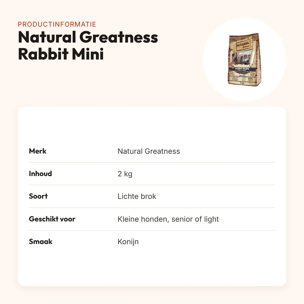 Natural Greatness hondenvoer Rabbit Senior/Light Mini konijn 2 kg – productinformatie