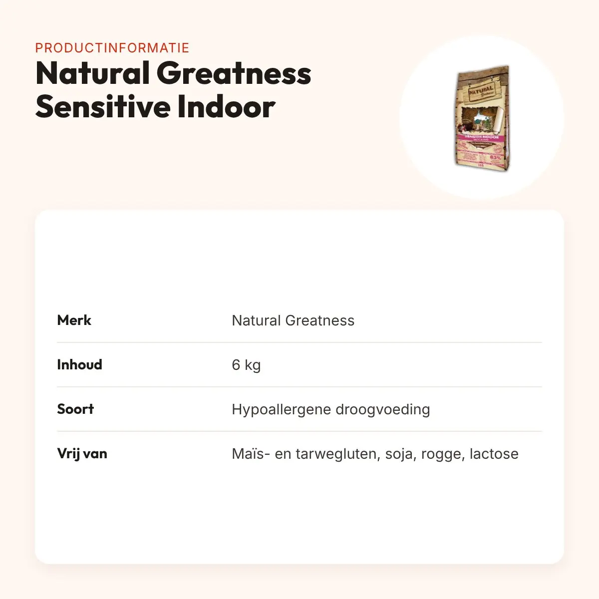 Natural Greatness kattenvoer Sensitive Indoor 6 kg – hypoallergeen – productinformatie