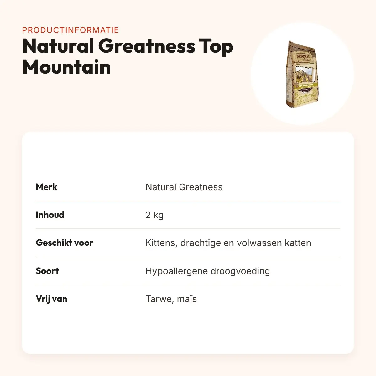 Natural Greatness kattenvoer Top Mountain 2 kg – hypoallergeen – productinformatie