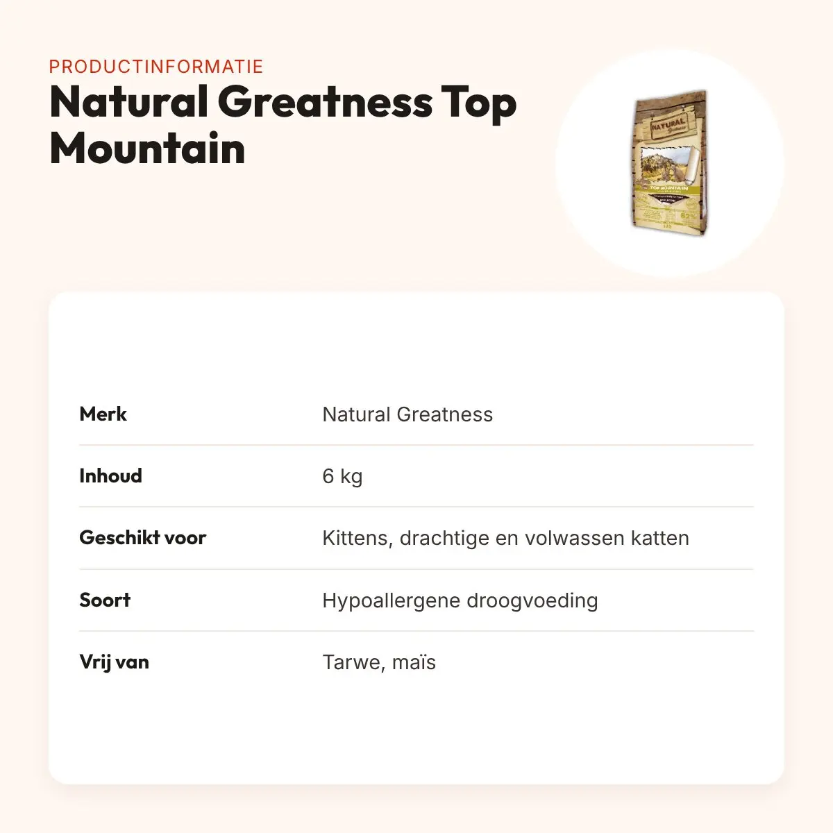 Natural Greatness kattenvoer Top Mountain 6 kg – hypoallergeen – productinformatie