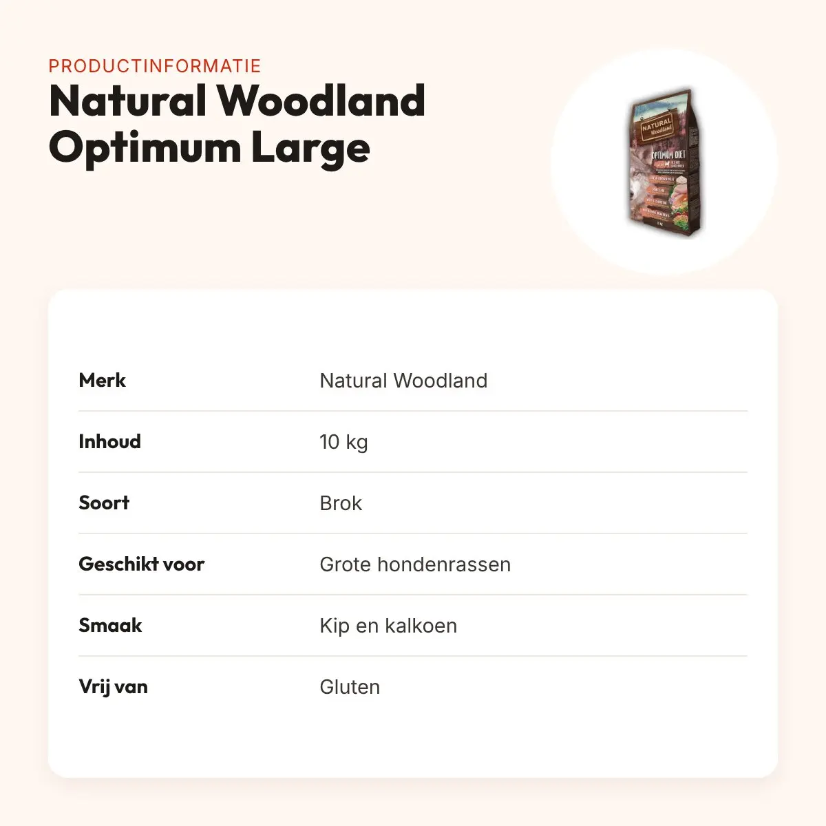 Natural Woodland hondenvoer Optimum Large Breed Diet 10 kg – glutenvrij – productinformatie