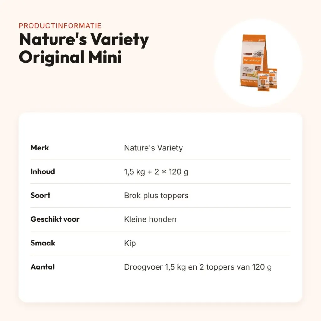 Nature's Variety hondenvoer Original Adult Mini kip 1,5 kg + 2 toppers – productinformatie