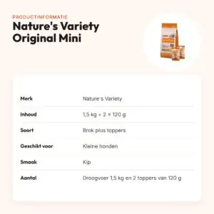 Nature's Variety hondenvoer Original Adult Mini kip 1,5 kg + 2 toppers – productinformatie