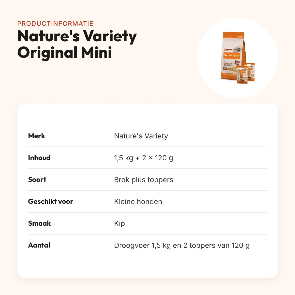 Nature's Variety hondenvoer Original Adult Mini kip 1,5 kg + 2 toppers – productinformatie