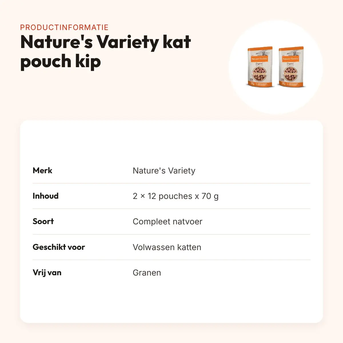 Nature's Variety kattenvoer pouch kip 70 g – multipack 2 x 12 stuks – productinformatie