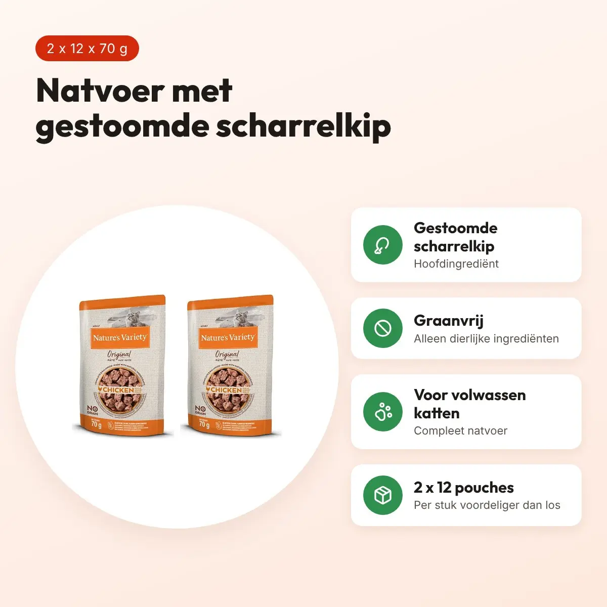 Nature's Variety kattenvoer pouch kip 70 g – multipack 2 x 12 stuks – voordelen