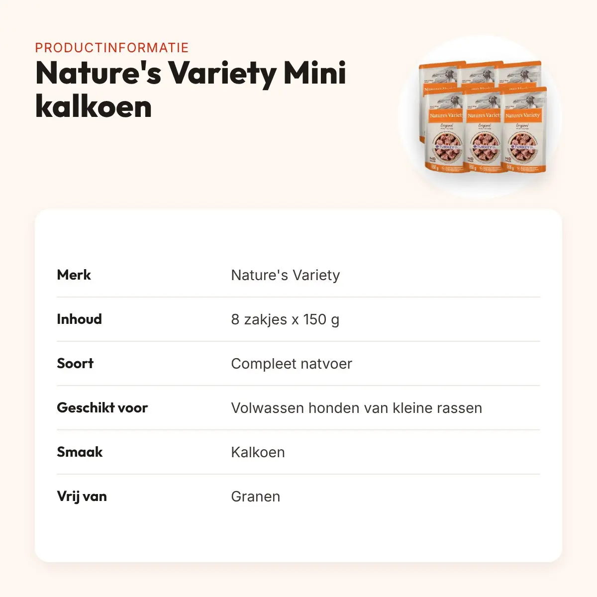 Nature's Variety Original hondenvoer Mini Pouch kalkoen 8 x 150 g – productinformatie