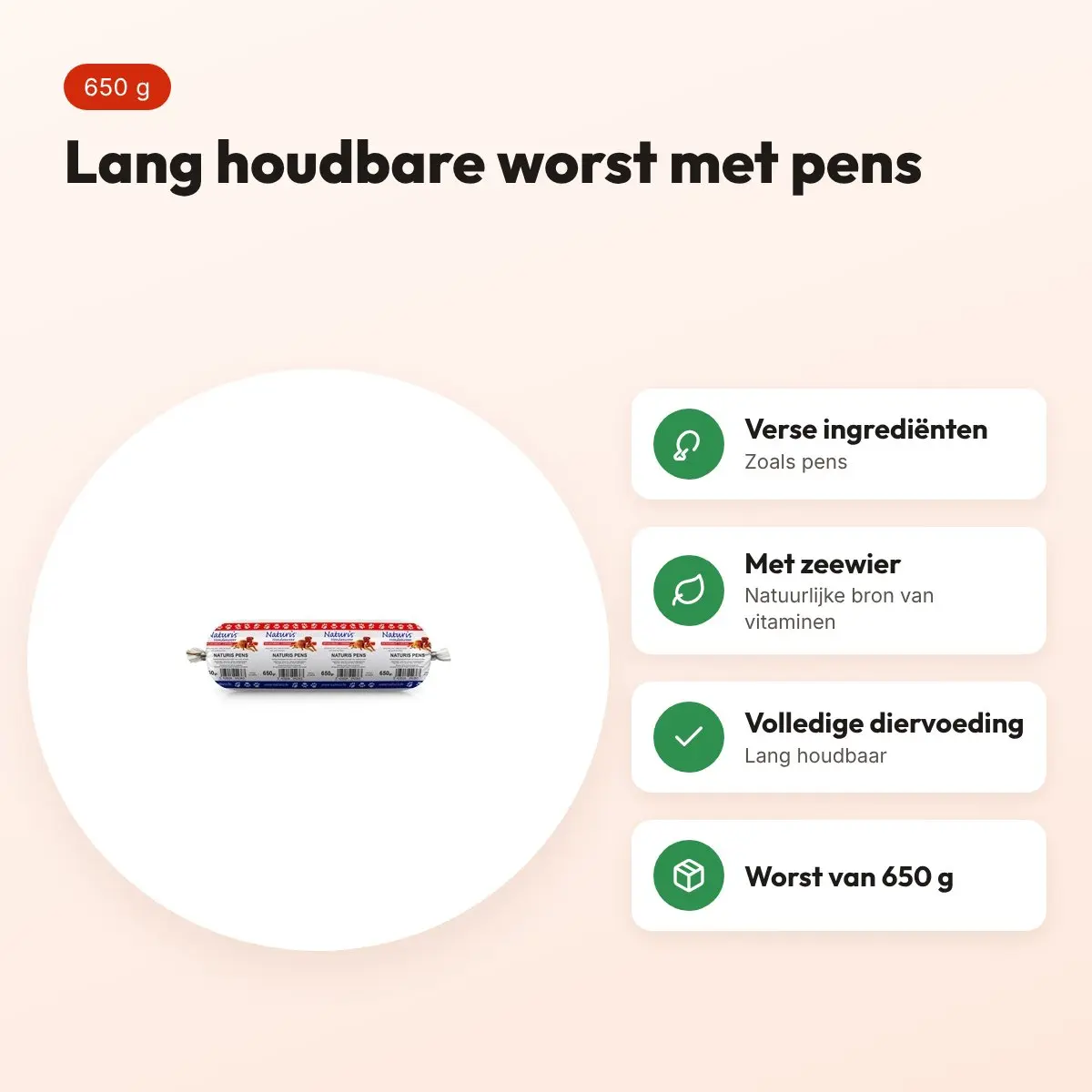 Naturis hondenvoer houdbaar pens 650 g – lang houdbare worst – voordelen