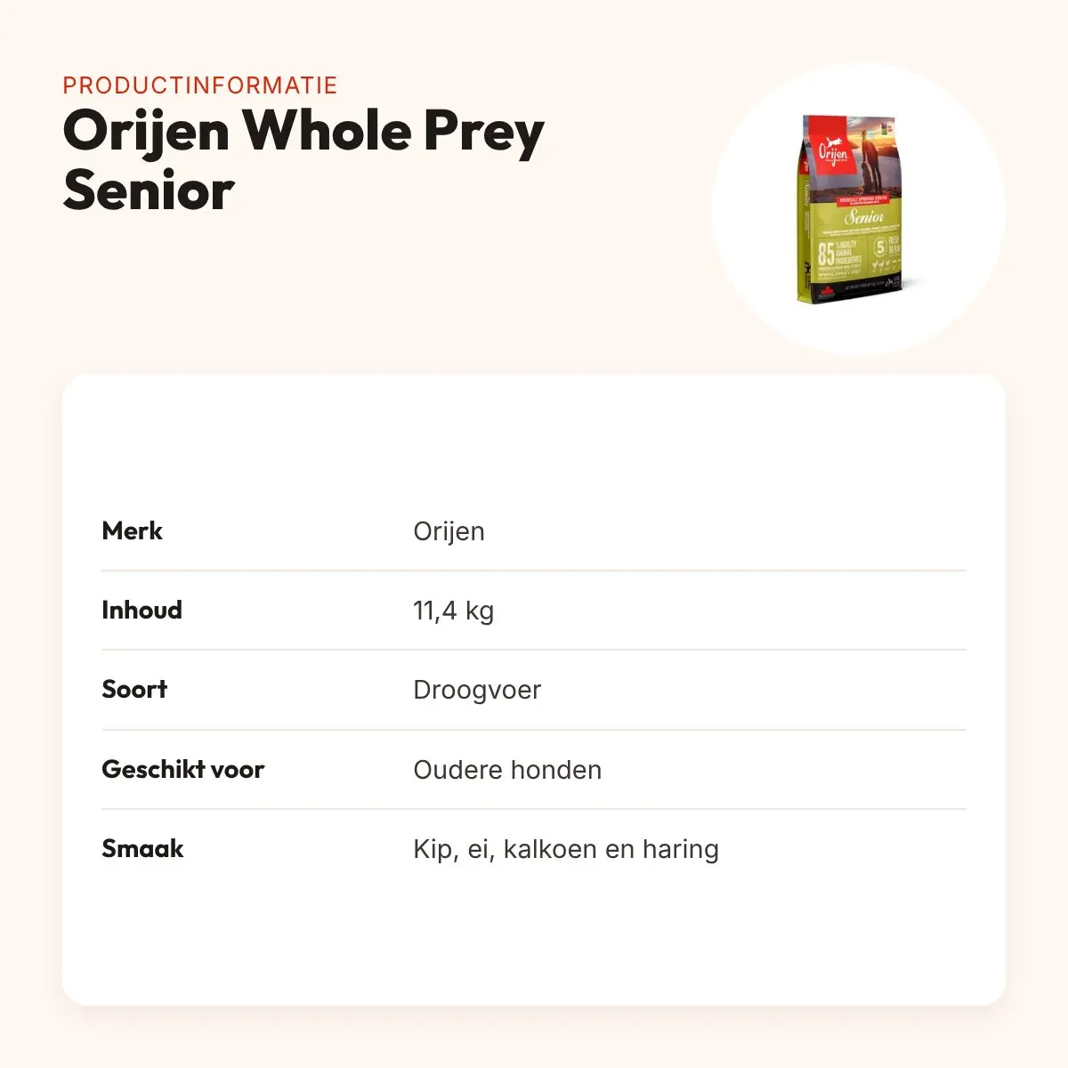 Orijen hondenvoer Whole Prey Senior 11,4 kg – productinformatie