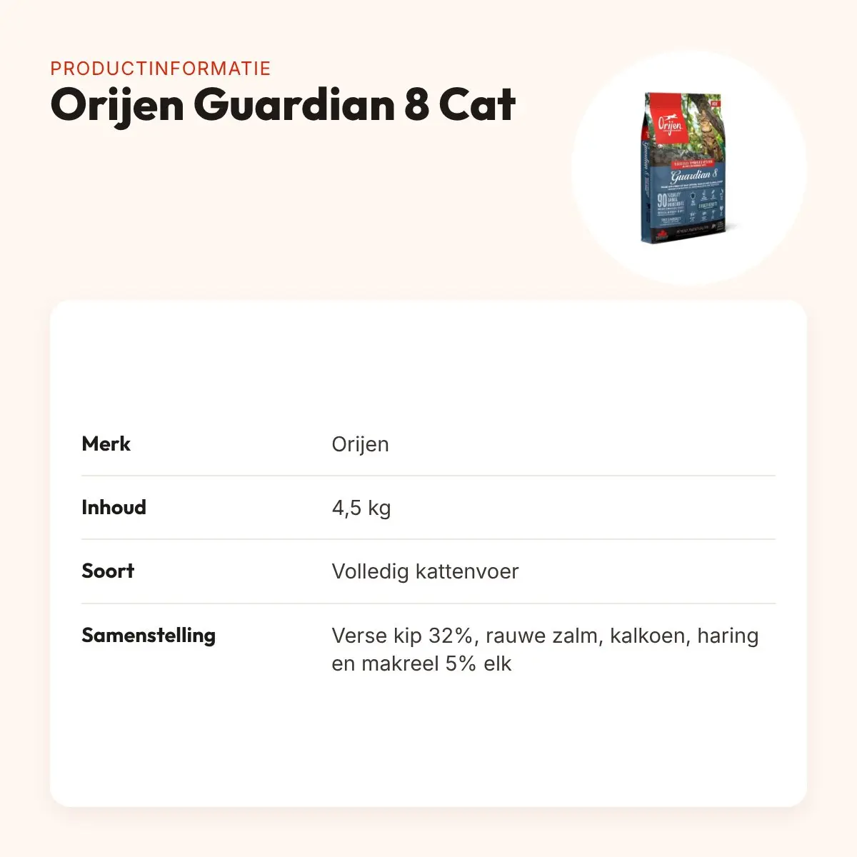 Orijen kattenvoer Guardian 8 Cat 4,5 kg – gevogelte en vis – productinformatie