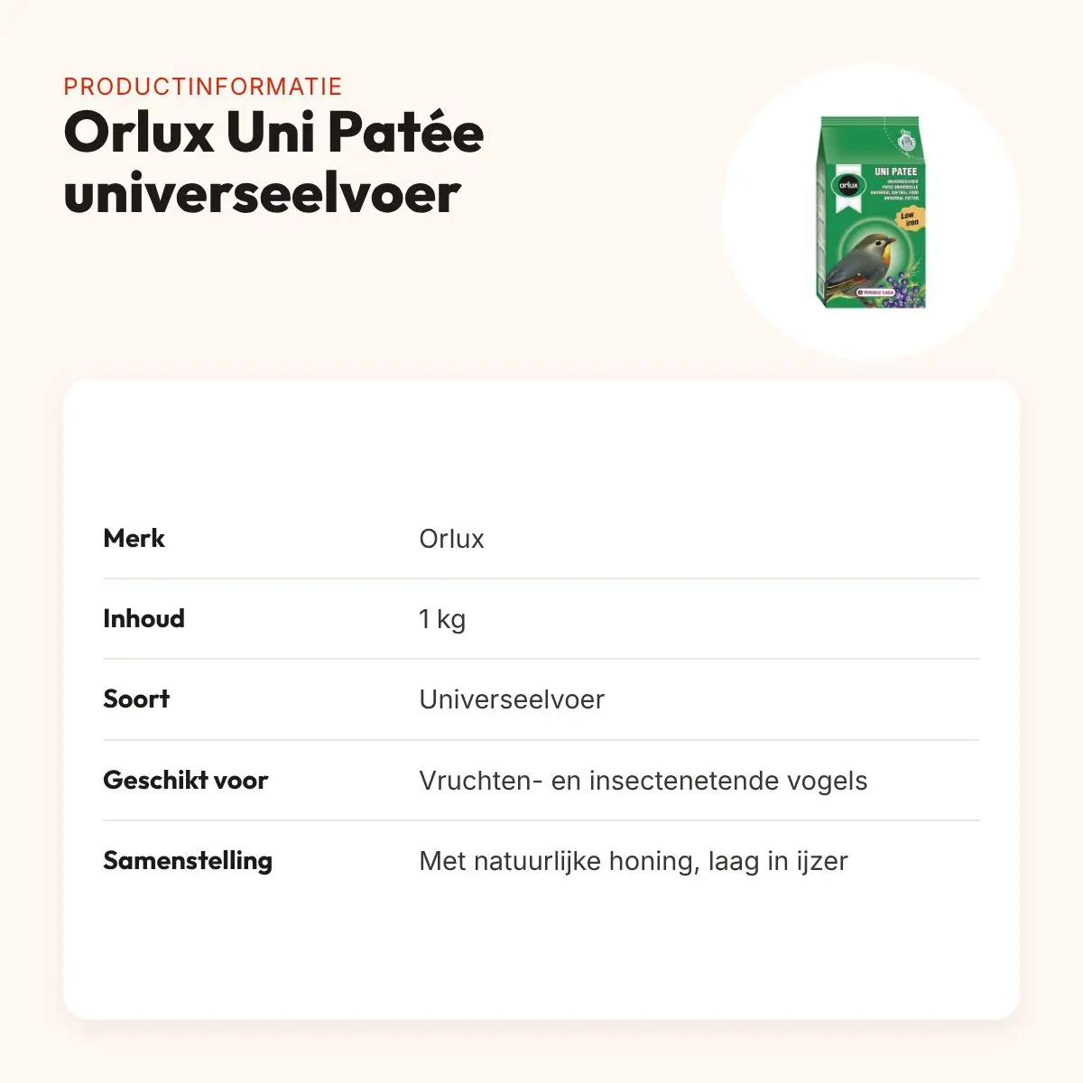 Orlux Uni Patée universeelvoer 1 kg – vruchten- en insectenetende vogels – productinformatie