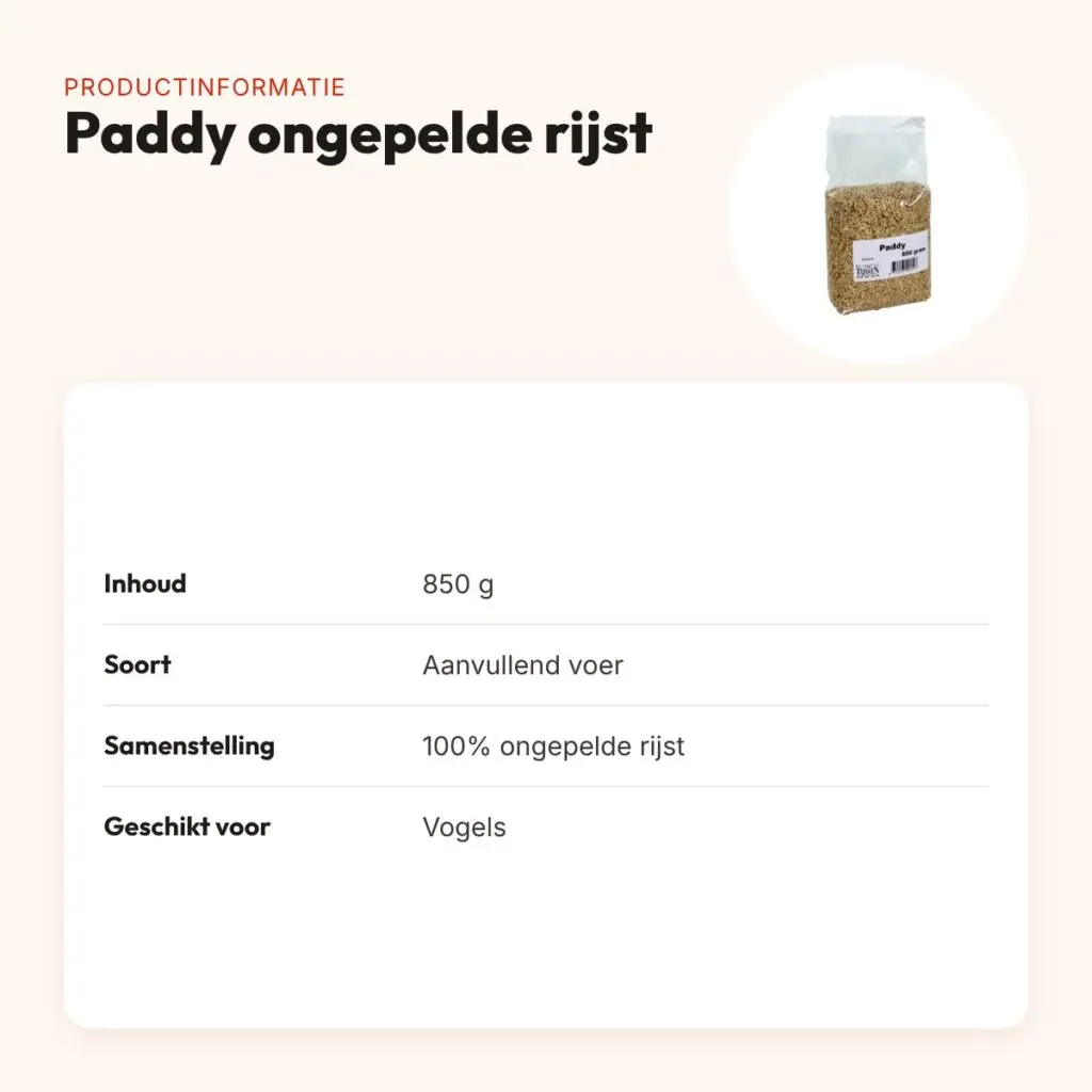 Paddy ongepelde rijst 850 g – aanvullend voer voor vogels – productinformatie