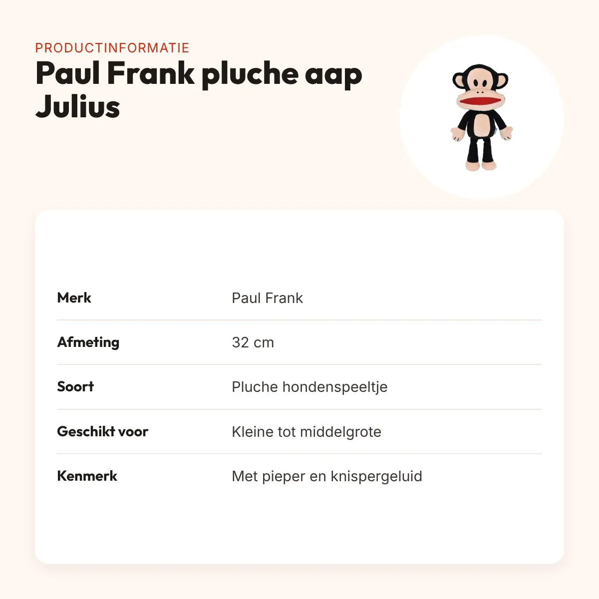 Paul Frank hondenspeeltje pluche aap Julius 32 cm – met pieper – productinformatie