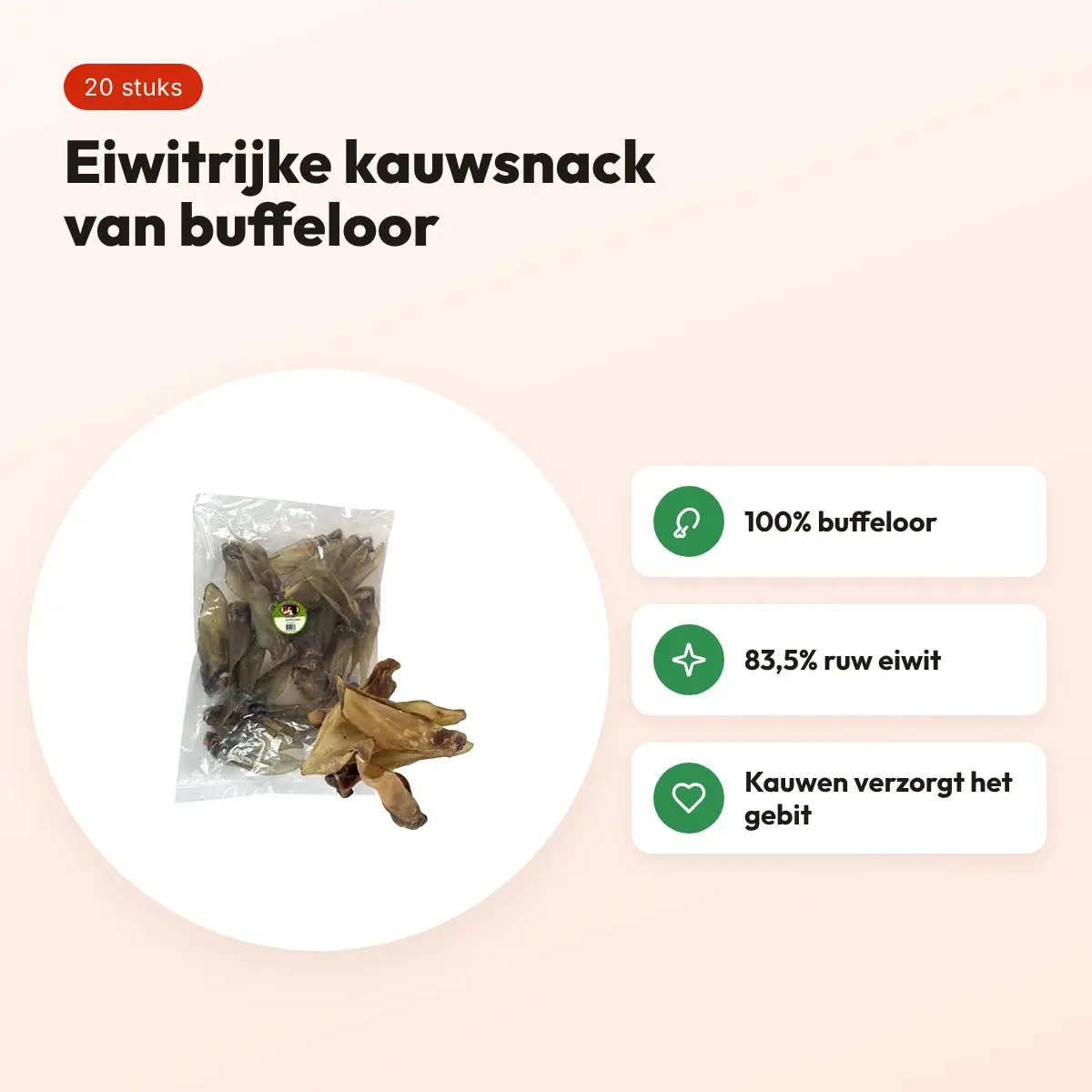 Petsnack buffeloren 20 stuks – kauwsnack van 100% buffeloor – voordelen