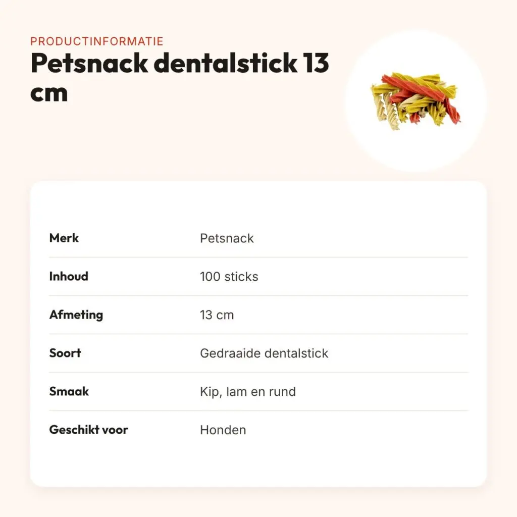 Petsnack dentalstick hond 13 cm 100 stuks – gedraaid, kip, lam en rund – productinformatie