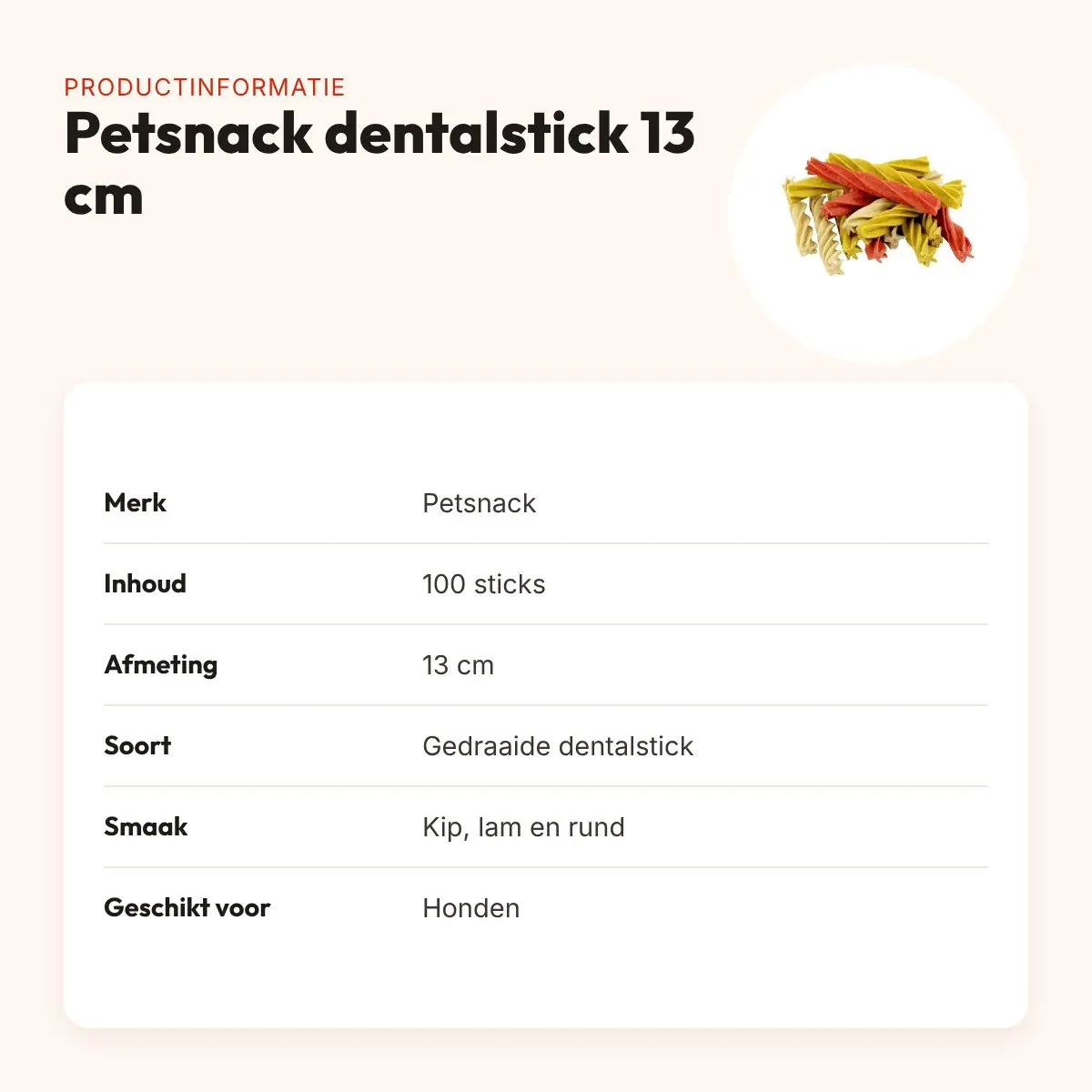 Petsnack dentalstick hond 13 cm 100 stuks – gedraaid, kip, lam en rund – productinformatie