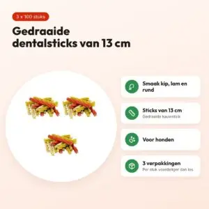 Petsnack dentalstick hond kip, lam en rund 13 cm – multipack 3 x 100 stuks – voordelen