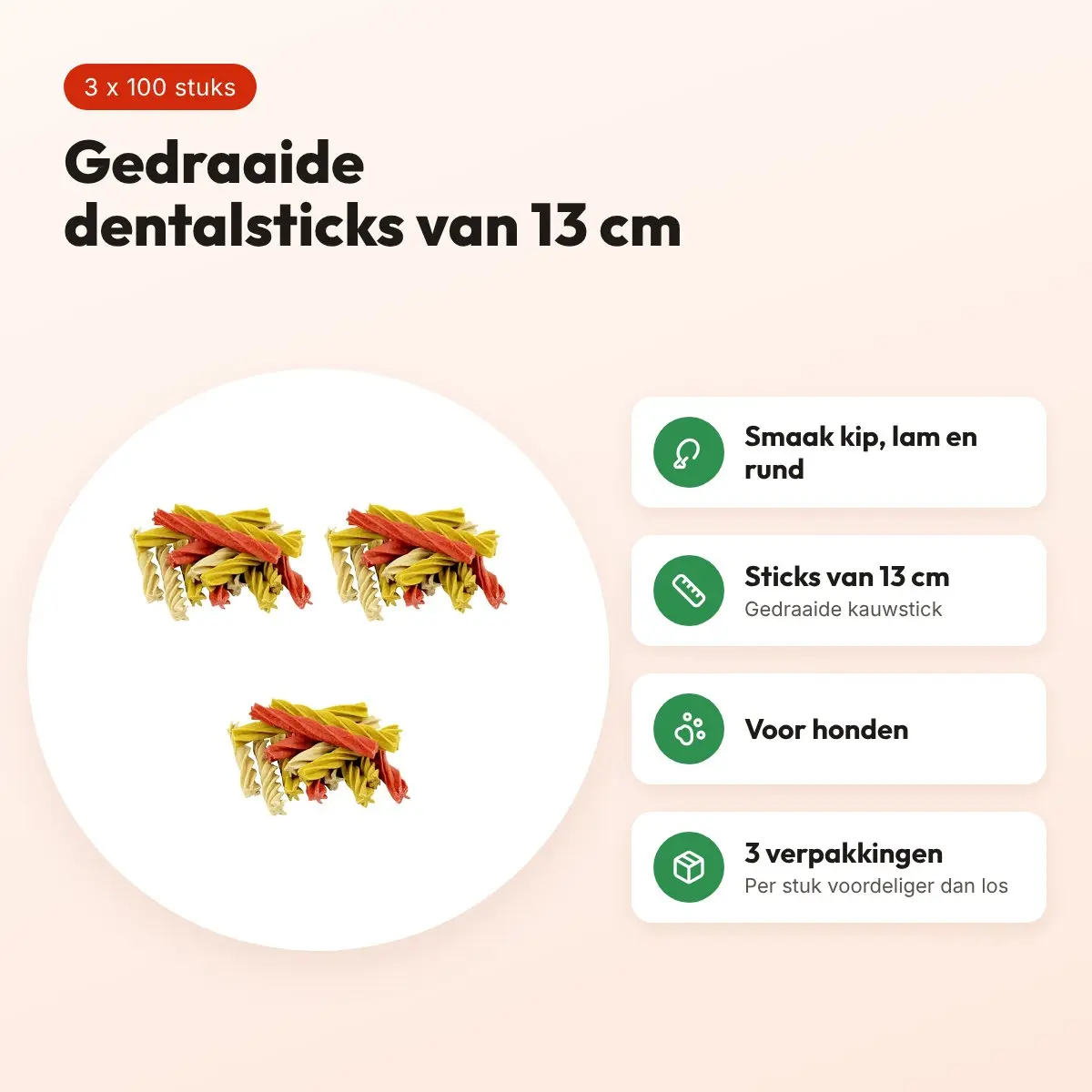 Petsnack dentalstick hond kip, lam en rund 13 cm – multipack 3 x 100 stuks – voordelen