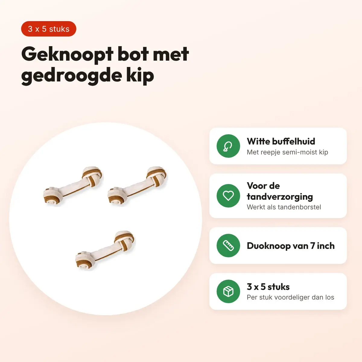 Petsnack duoknoop buffelhuid met kip 7 inch – multipack 3 x 5 stuks – voordelen