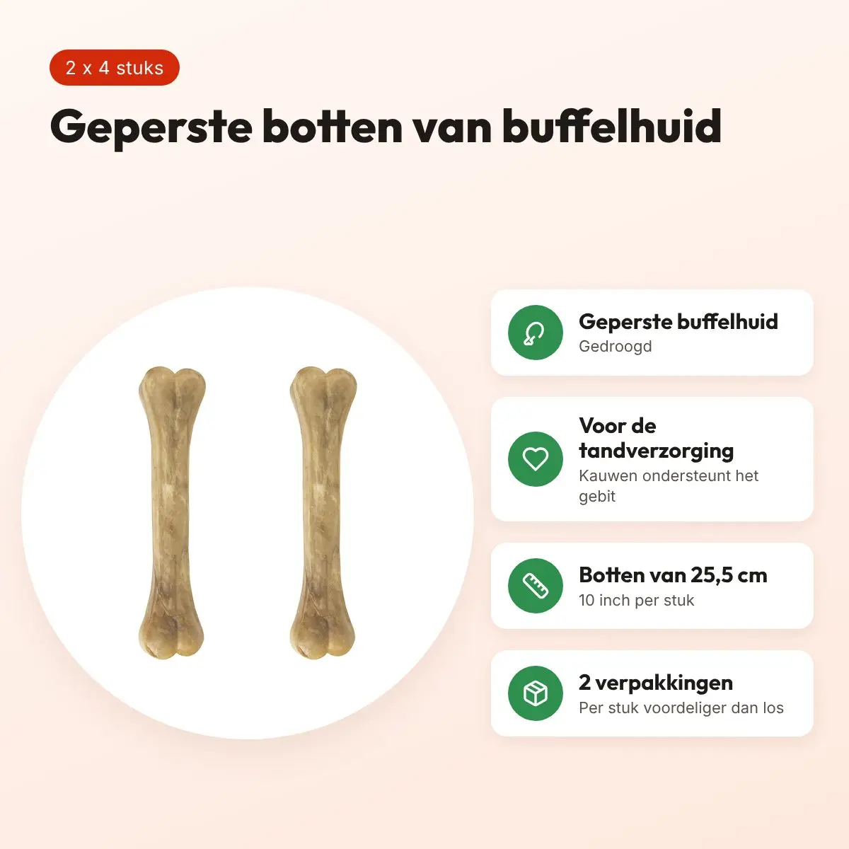 Petsnack geperst bot buffelhuid 10 inch (25,5 cm) – multipack 2 x 4 stuks – voordelen