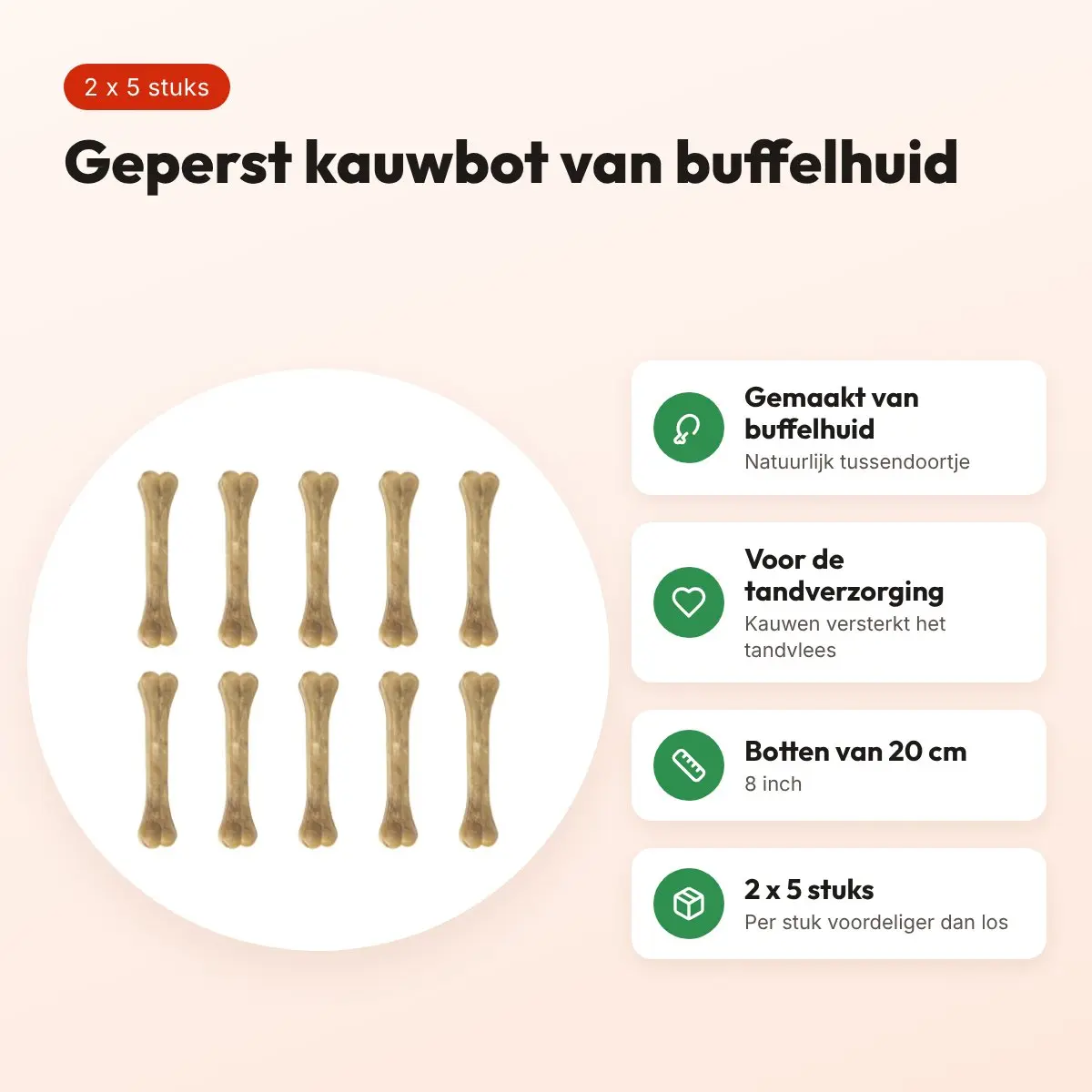 Petsnack geperst bot buffelhuid 8 inch (20 cm) – multipack 2 x 5 stuks – voordelen