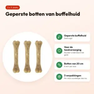 Petsnack geperst bot buffelhuid 8 inch (20 cm) – multipack 3 x 5 stuks – voordelen