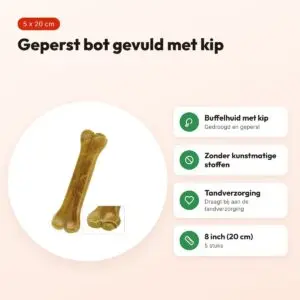 Petsnack geperst bot gevuld met kip 8 inch (20 cm) – buffelhuid, 5 stuks – voordelen