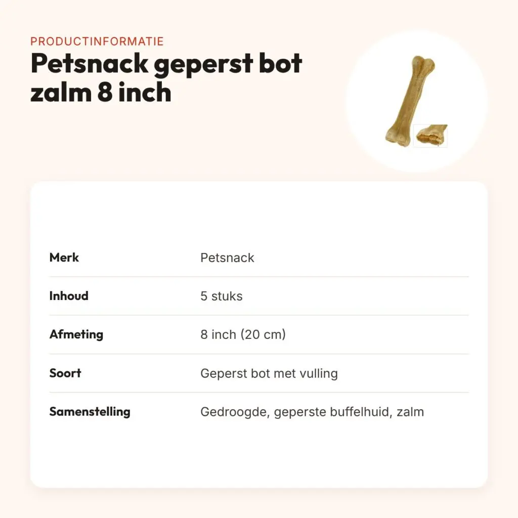Petsnack geperst bot gevuld met zalm 8 inch (20 cm) – buffelhuid, 5 stuks – productinformatie