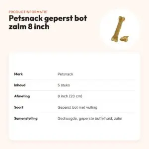 Petsnack geperst bot gevuld met zalm 8 inch (20 cm) – buffelhuid, 5 stuks – productinformatie