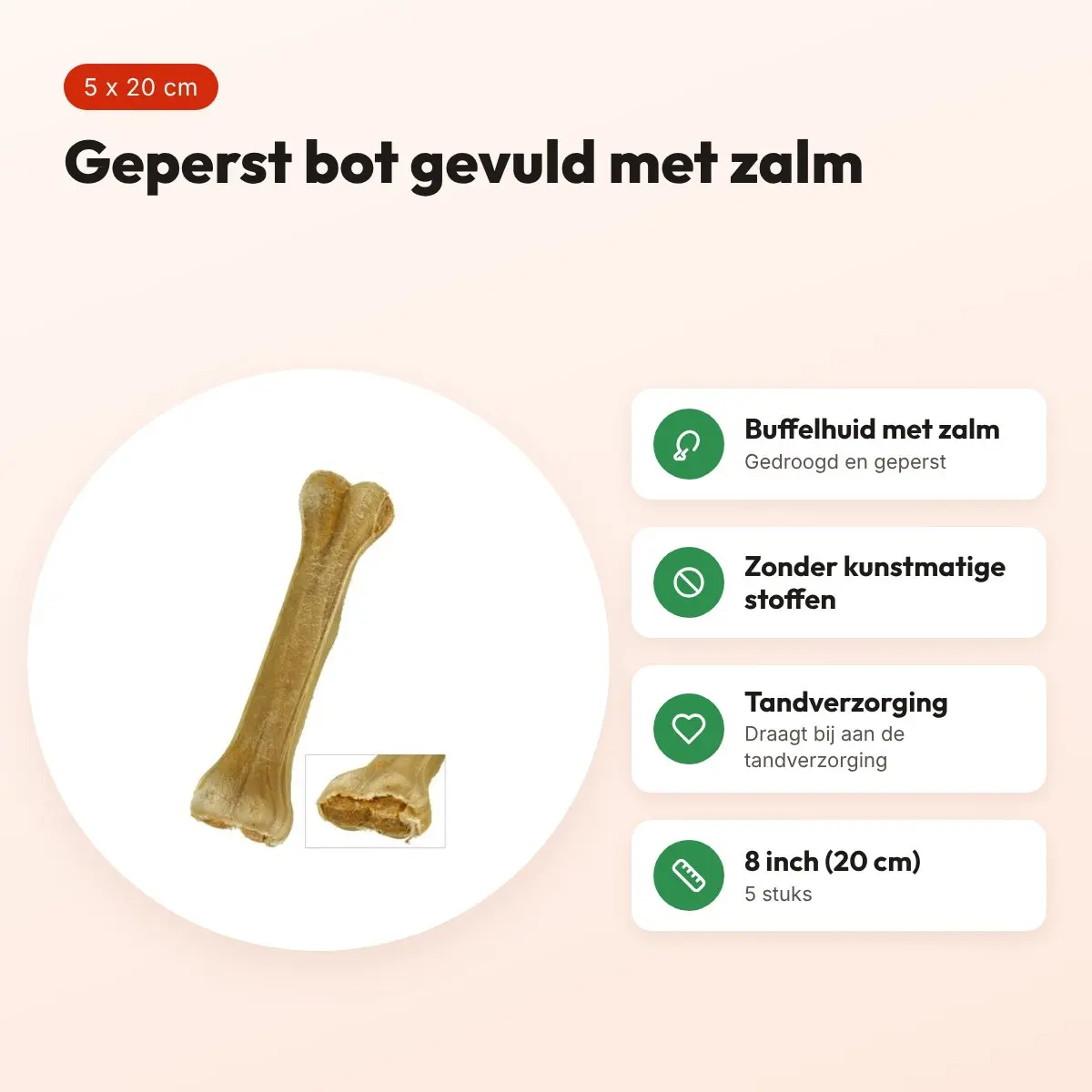 Petsnack geperst bot gevuld met zalm 8 inch (20 cm) – buffelhuid, 5 stuks – voordelen