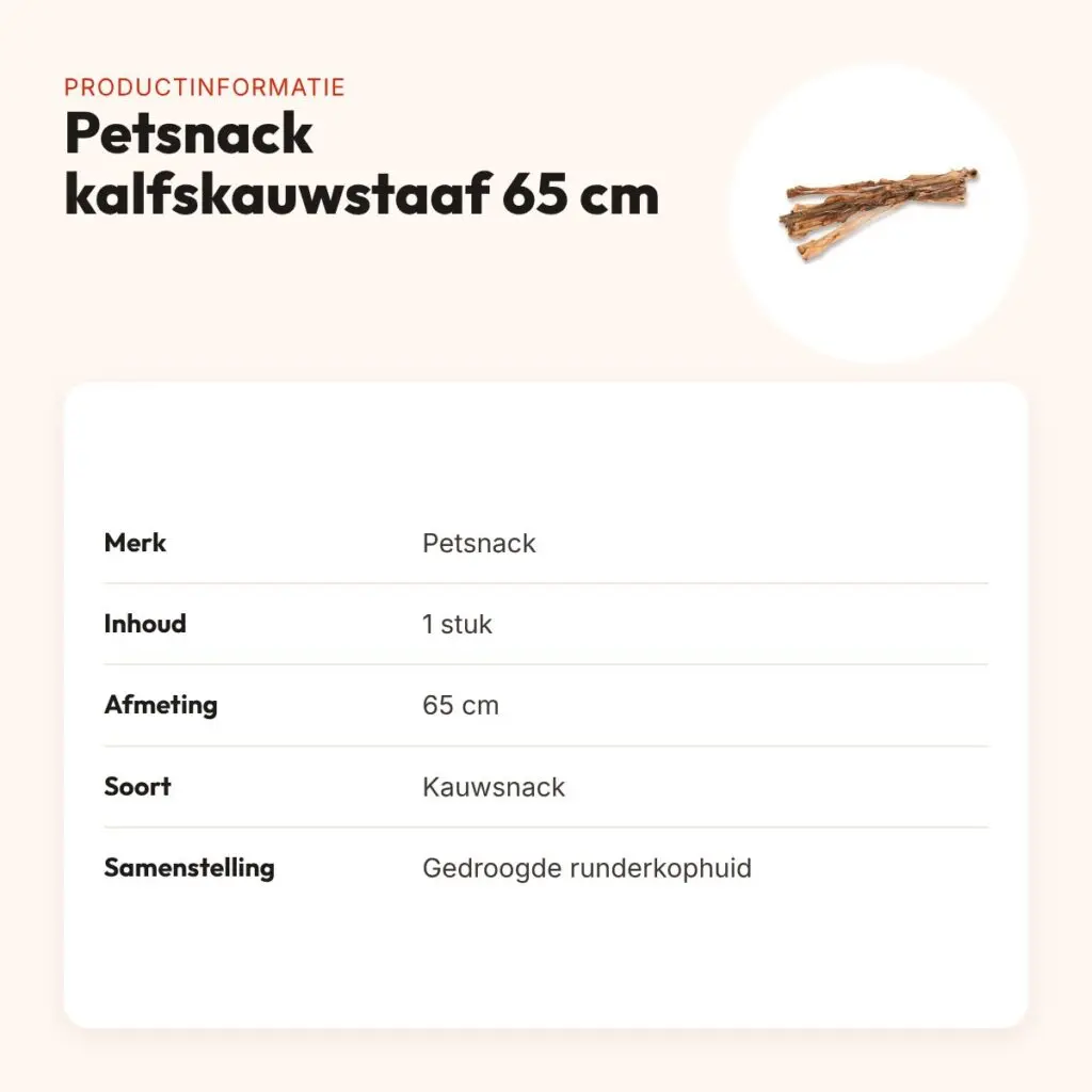 Petsnack kalfskauwstaaf 65 cm – gedroogde runderkophuid – productinformatie