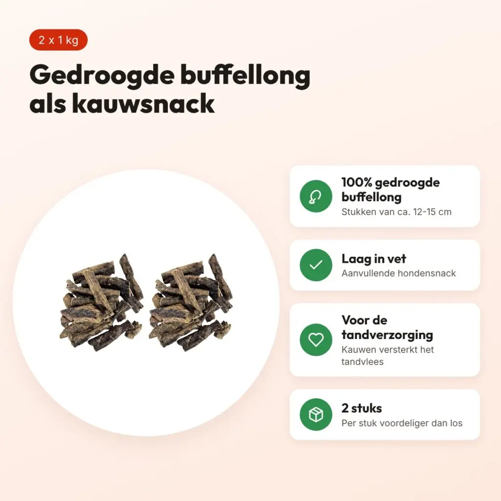 Petsnack kauwsnack buffellong 12-15 cm 1 kg – multipack 2 stuks – voordelen